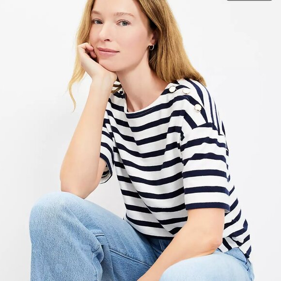 NWT LOFT Striped Shoulder Button Harbor Tee - Picture 2 of 5